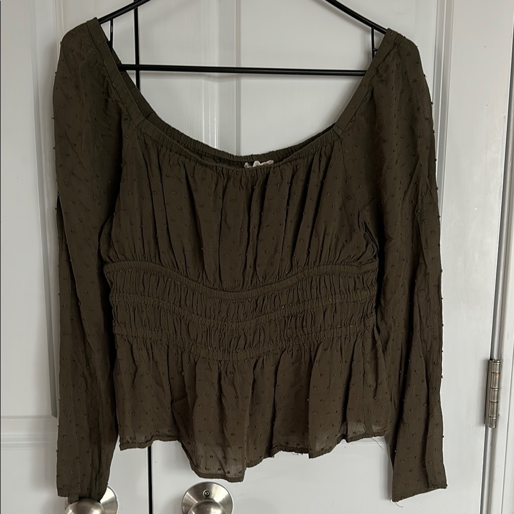 Altar'd State Green Smocked Long Sleeve Blouse